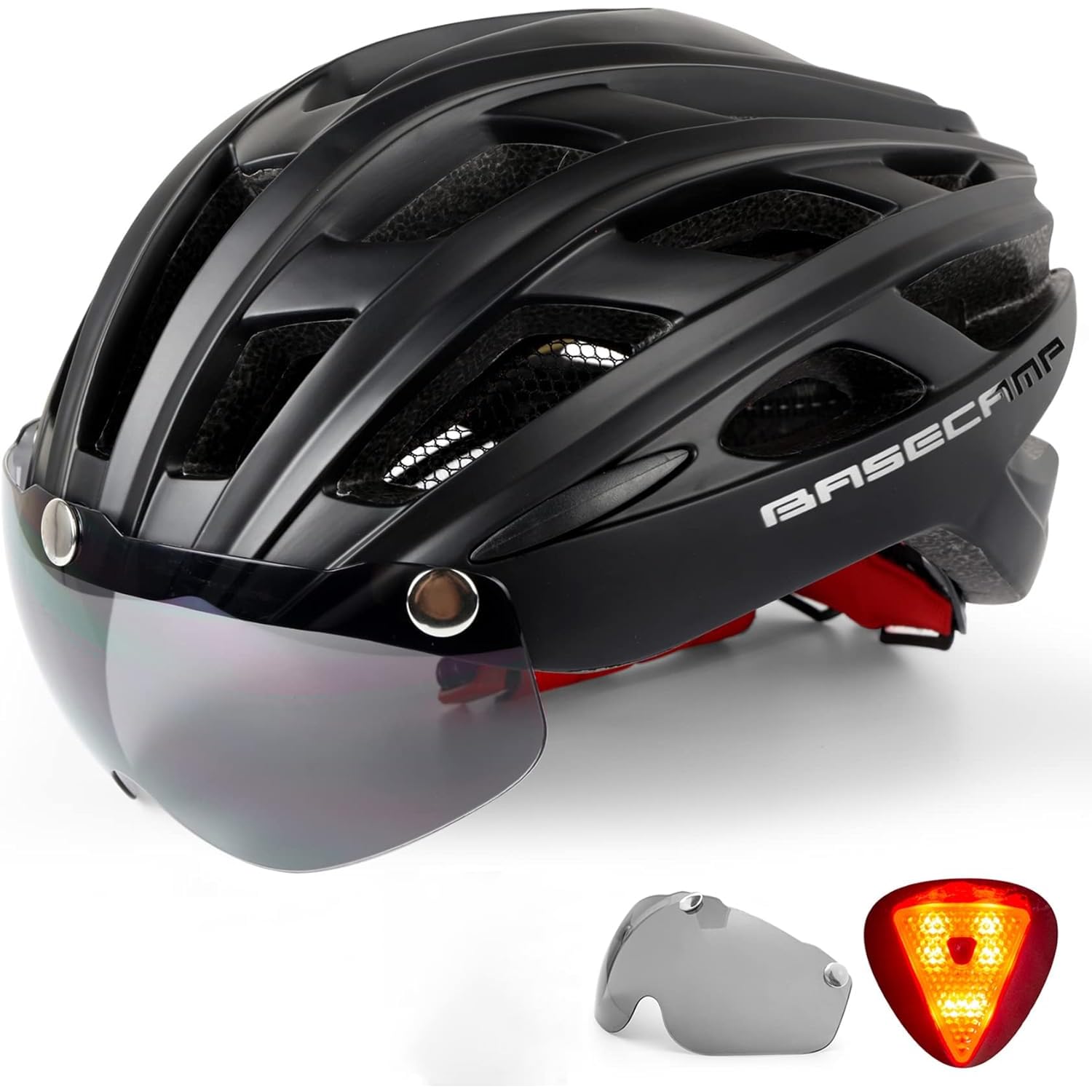 Bike Helmet, Basecamp Bicycle Helmet with Rear Light & Detachable Magnetic Goggles Lightweight Cycling Helmet Adjustable for Adult Men Women Mountain & Road (BC-069)