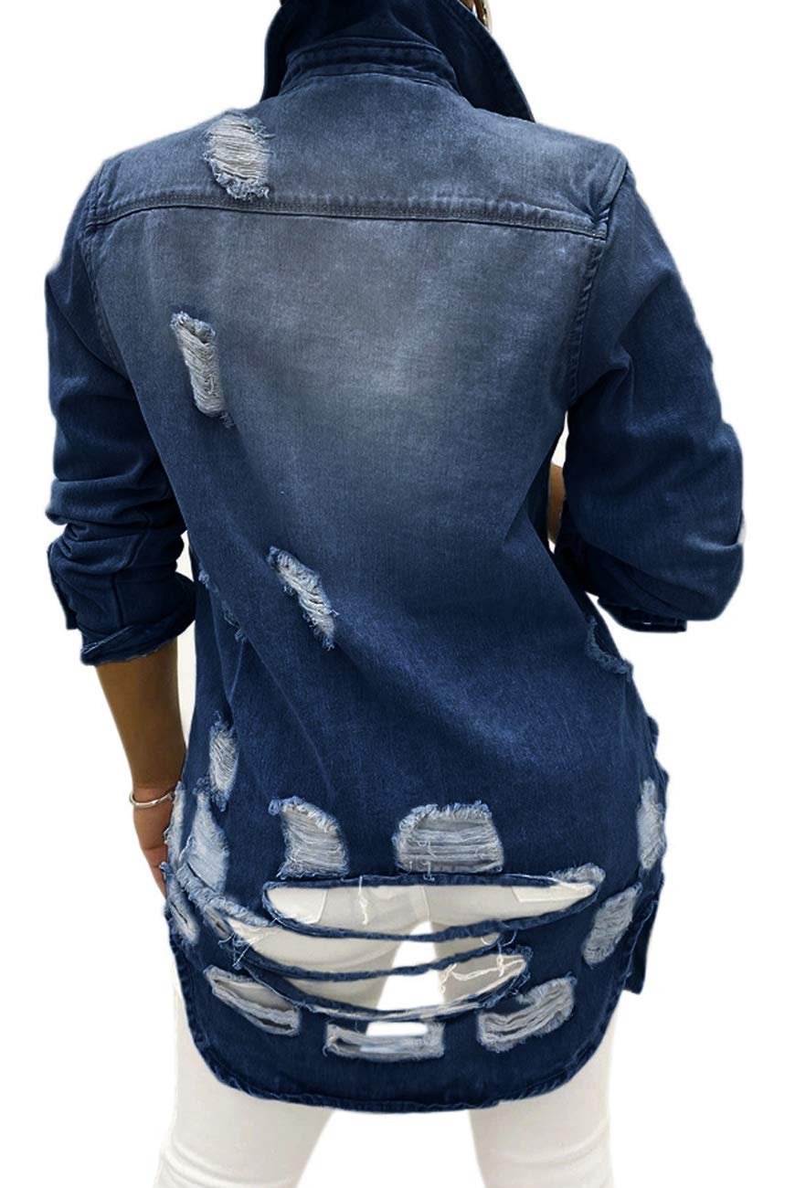 SeNight Women's Jean Jacket Long Sleeve Classic Distressed Fray Hem Tassels Denim Trucker Jackets