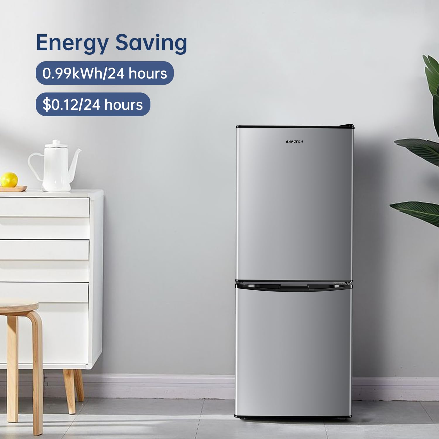 BANGSON 4.0 Cu.Ft Small Refrigerator with Freezer, Small Fridge with Bottom Freezer, for Apartment, Bedroom, Dorm, and Office, Double Door, Stainless Steel, Silver