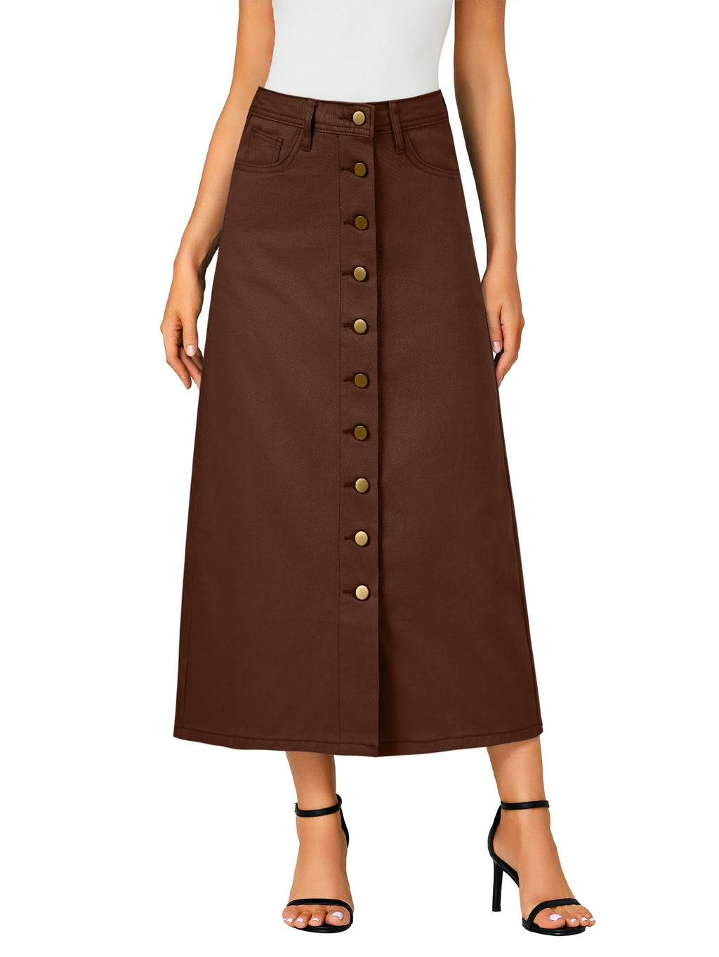 Vrtige Women's Casual Button Down High Waisted A Line Jean Midi Long Denim Skirt with Pockets