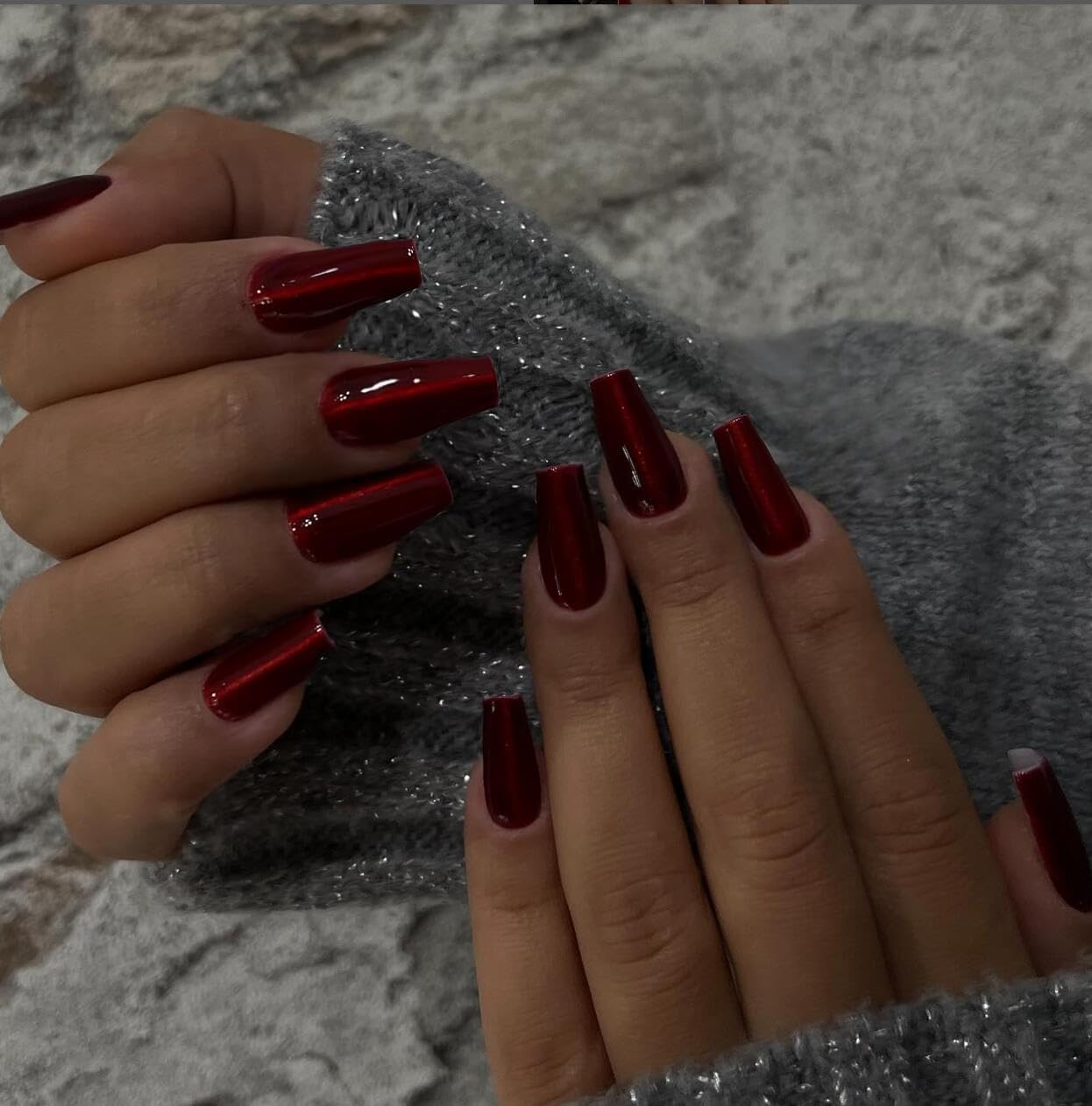 KQueenest Cat Eye Red Press On Nails Long Square, Glitter Burgundy Red Fake Nails Press Ons Extra Long Coffin, Sparkly Bling Soft Gel Glue on Nails For Women Birthday Party Decoration, 30 Pcs