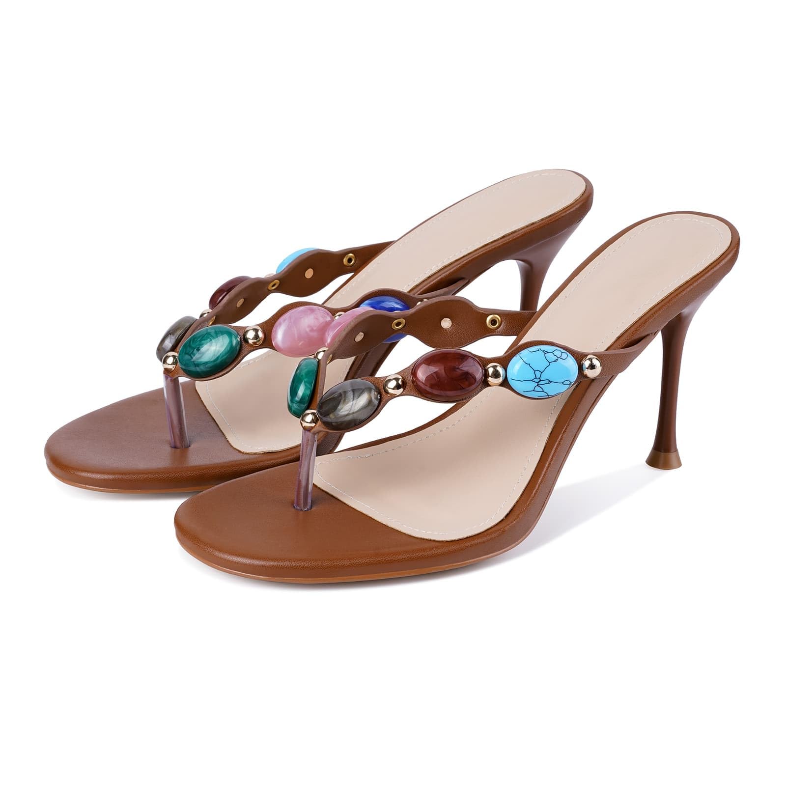 DREAMSTORY Women's Jeweled Thong Strappy Heels Sandals Comfortable Round toe High Heel Dressy Summer Sandals for Wedding Party Beach Flip Flops Slip On Casual Shoes Wear