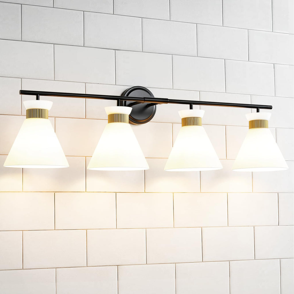 WOSHITU Gold Bathroom Light Fixtures: Modern Vanity Lighting Fixtures 2 Lights for Bathroom Mid Century Vanity Light Sconces Over Mirror with Frosted Milky Glass for Bath Bedroom Makeup