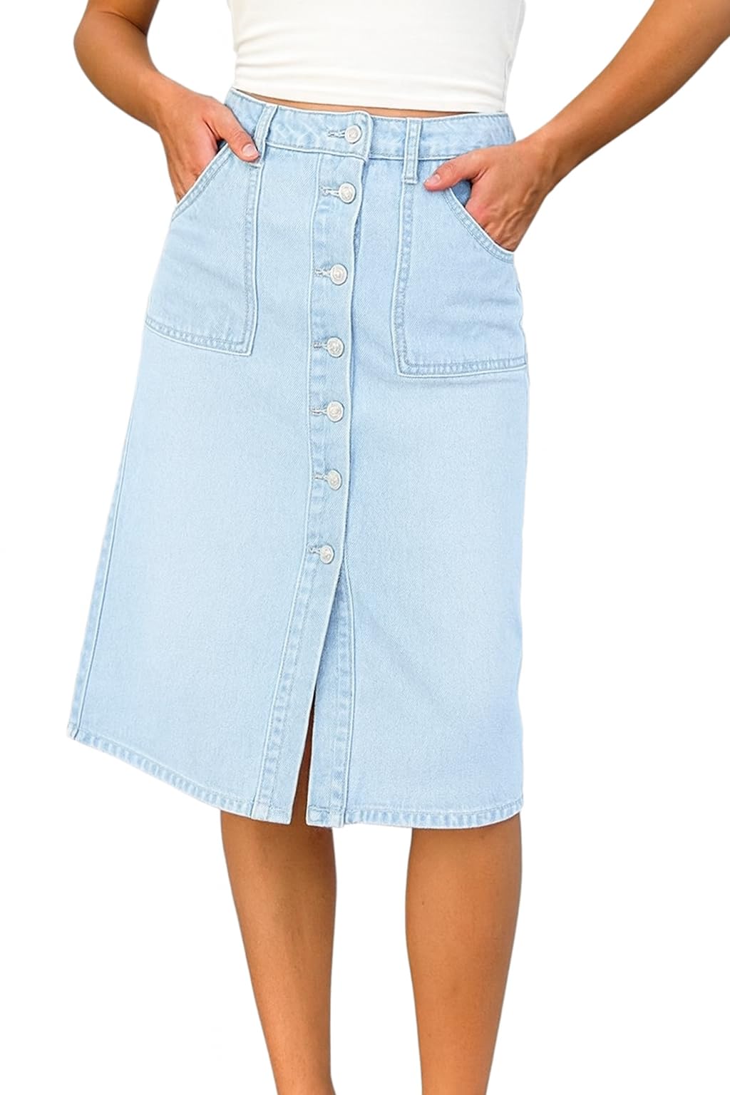 Jean Skirt for Women Denim Skirt High Waist Stretch Midi Denim Skirts with Pockets