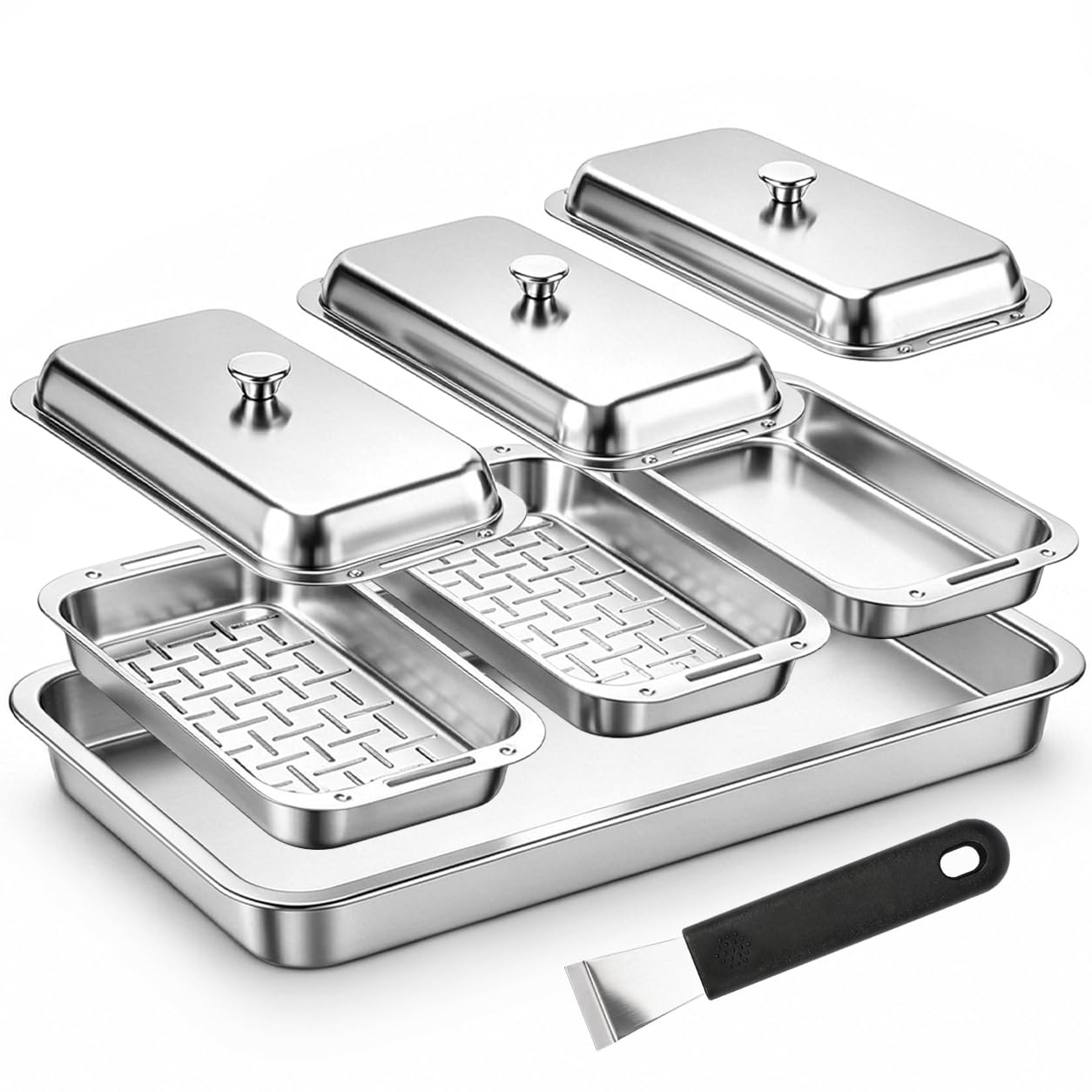 BBQ Vegetable Grill Basket Set, 4 Piece Stainless Steel Grill Pan Set with Universal Handle & lid, Dishwasher Safe, for Outdoor Cooking, Camping, Picnic, For Grilling Fish Veggies & Meats