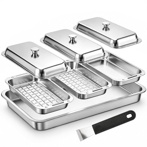 BBQ Vegetable Grill Basket Set, 4 Piece Stainless Steel Grill Pan Set with Universal Handle & lid, Dishwasher Safe, for Outdoor Cooking, Camping, Picnic, For Grilling Fish Veggies & Meats