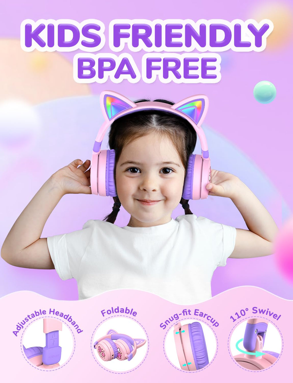 iClever Cat Ear Kids Bluetooth Headphones, LED Lights Up, 74/85dBA Safe Volume Limited, 50H Playtime,Bluetooth 5.2, USB C,Kids Headphones Wireless Over Ear for Travel iPad Tablet, Meow Macaron-Purple