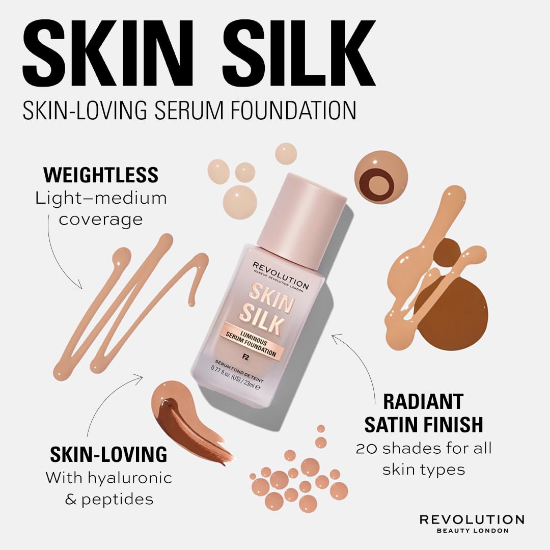 Revolution Skin Silk Radiant Satin Serum Foundation, Buildable Coverage with Hydrating Hyaluronic Acid for a Natural Finish, Vegan & Cruelty-Free, F0.5C Fair Skin Tones, 0.77 fl oz
