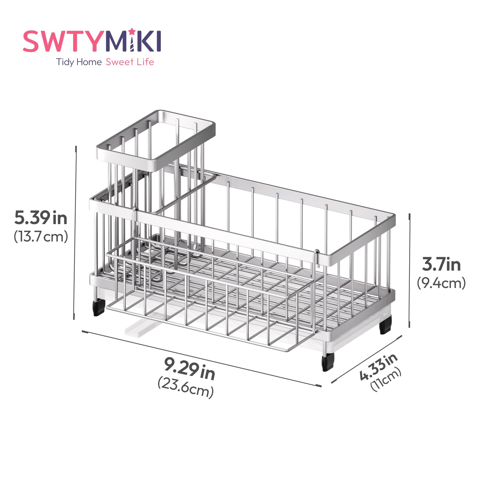 SWTYMIKI Sponge Holder for Kitchen Sink - Sink Caddy with Brush Holder Self-draining Sponge Caddy Organizer with Divider Stainless Steel Kitchen Accessories Storage for Countertop, Black