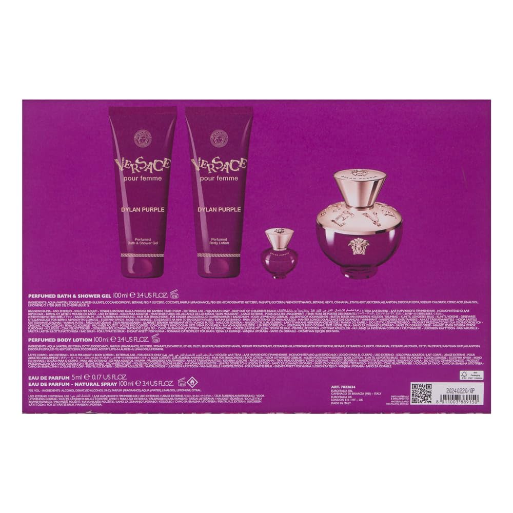 Versace Dylan Purple for Women 4 Piece Set Includes: 3.4 oz Eau de Parfum Spray + 3.4 oz Perfumed Bath Shower Gel + 3.4 oz Perfumed Body Lotion + 0.17 oz Eau de Parfum