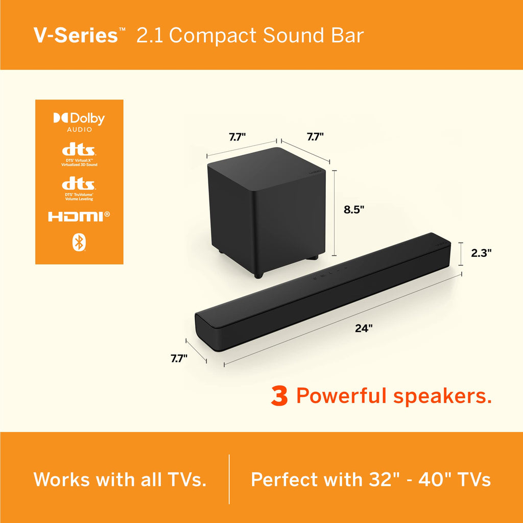 VIZIO V-Series All-in-One 2.1 Home Theater Sound Bar with DTS Virtual:X, Bluetooth, Built-in Subwoofer, Voice Assistant Compatible, Includes Remote Control - V21d-J8
