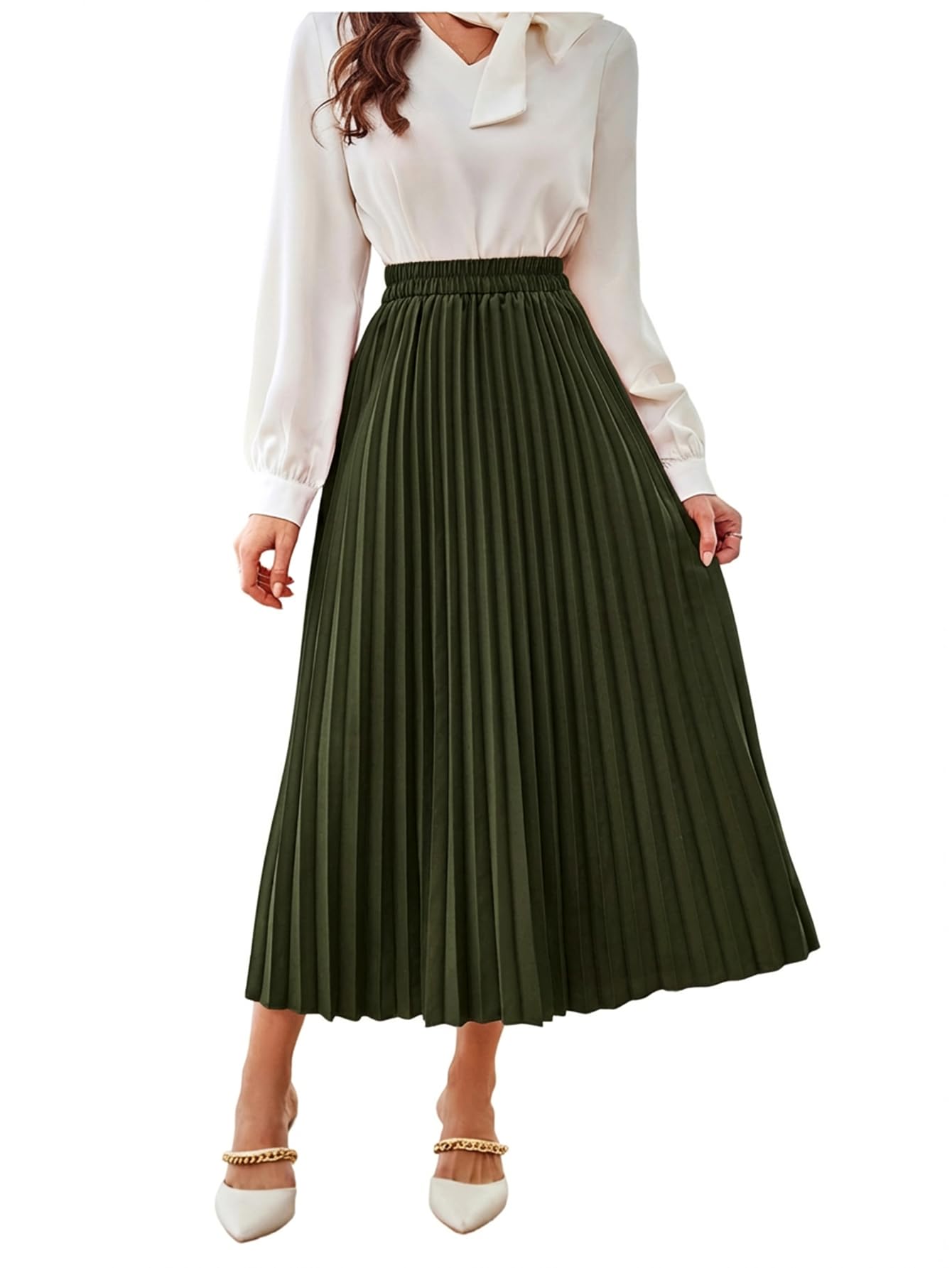 SweatyRocks Women's Casual Solid Longline Pleated Long Skirt