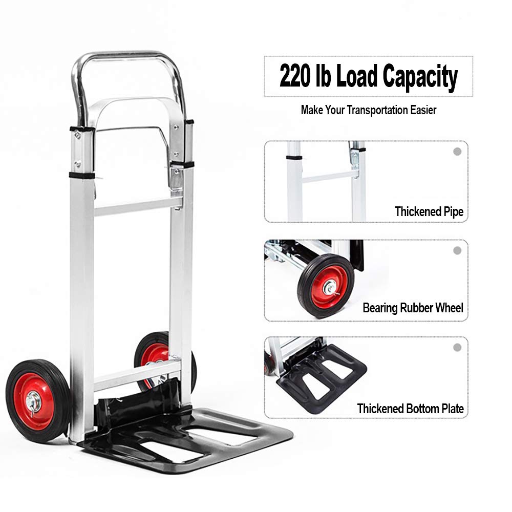 LEADALLWAY Hand Truck Aluminum Foldable Hand Cart with 6" Wheels 220 lbs Capacity