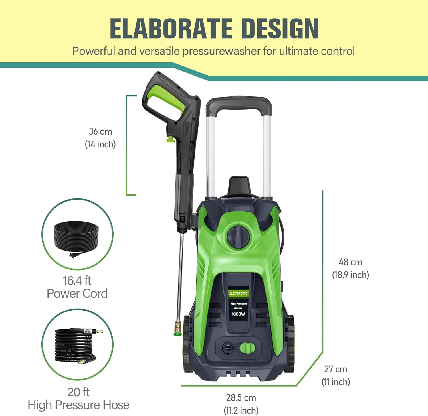 Electric Pressure Washer 4800PSI-Max 2.9GPM Pressure Washer with 25 Foot Hose, 16.4 Foot Power Cord, Soap Tank Car Wash Machine Yellow Ideal Cleaning for Patio.