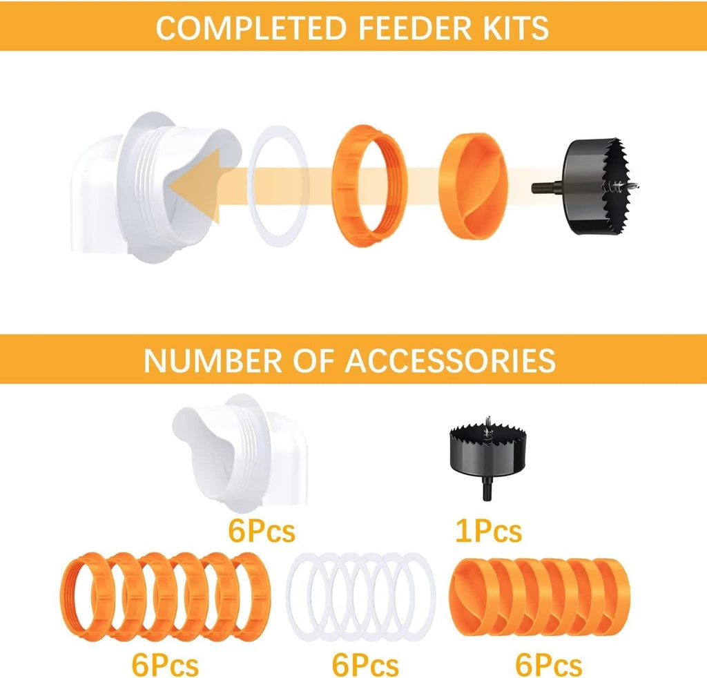 Chicken Feeder Port, 6 Pack Chicken Feeders No Waste with 6 Lids 1 Drill Bit, DIY Automatic Poultry Feeder Cups Kit, Chicken Bucket Feeder for Barrels (White)