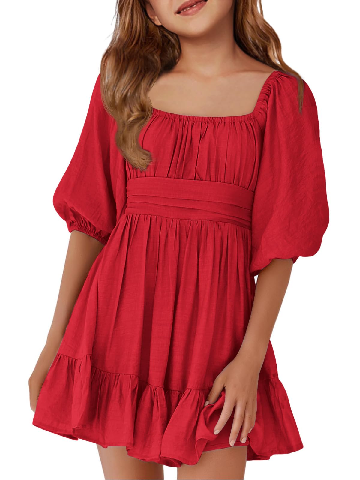 Girls Summer Dresses Square Neck Lantern Sleeve Tie Backless Ruffle A-Line Party Mini Dress