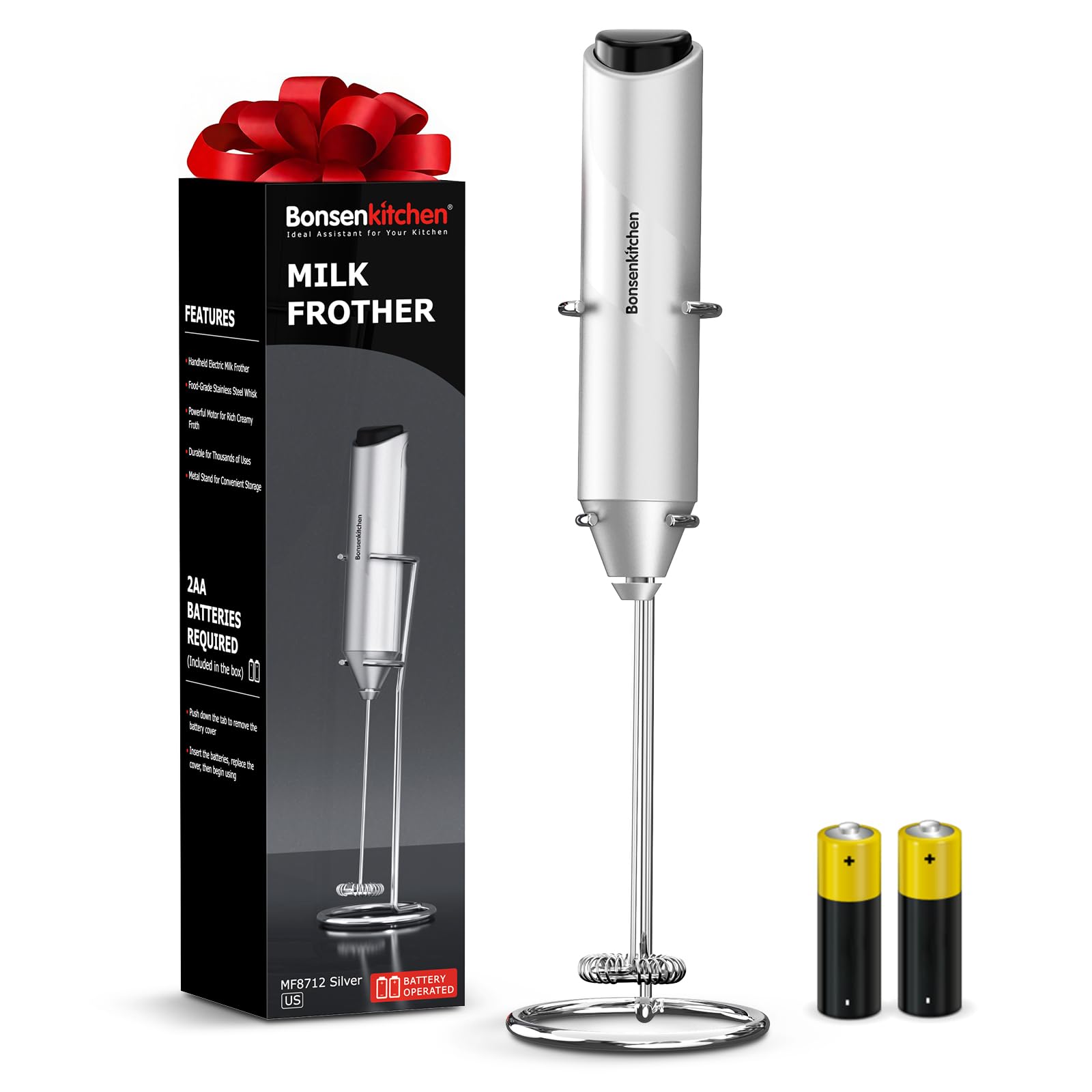 Bonsenkitchen Powerful Milk Frother for Coffee, Fast Handheld Drink Mixer with Stainless Steel Whisk, Battery Operated Hand Frother Stirrer Wand-Black