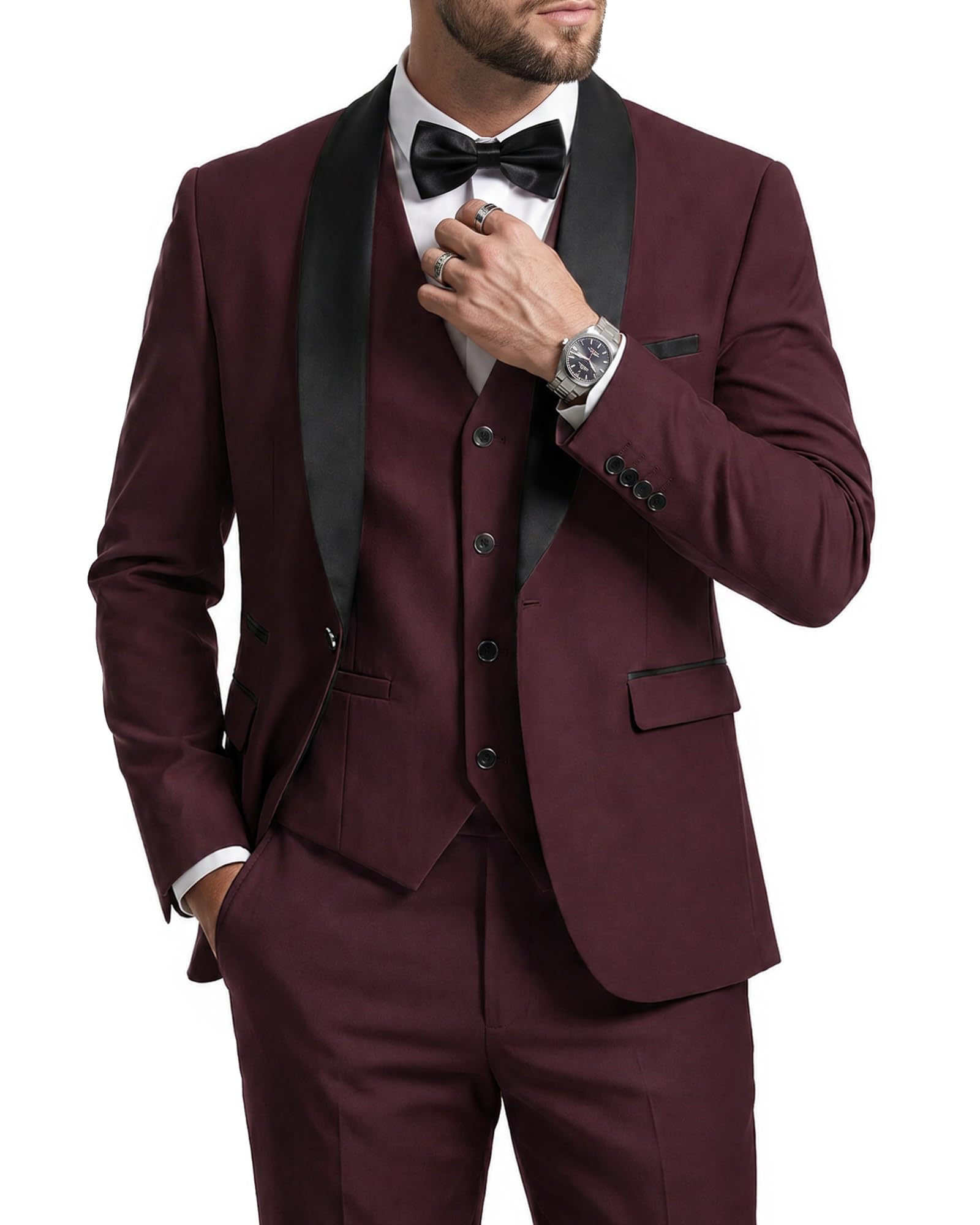 MrSure Men’s 3 Piece Slim Fit Suit, One Button Shawl Lapel Tuxedo, Premium Dinner Jacket Vest Pants & Tie Set