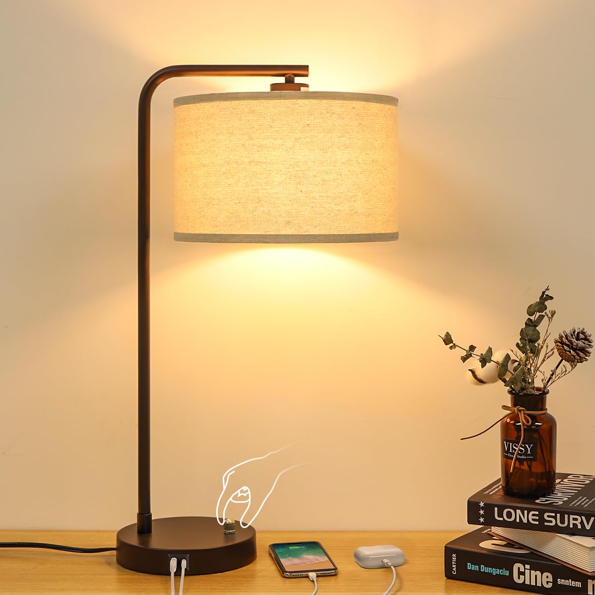 Table Lamps Set of 2, Fully Dimmable Bedside Lamp with USB C+A Charging Ports, Modern Nightstand Lamps with Linen Fabric Shades, Tall Desk Lamp for Bedroom, Living Room, Office, LED Bulb Included