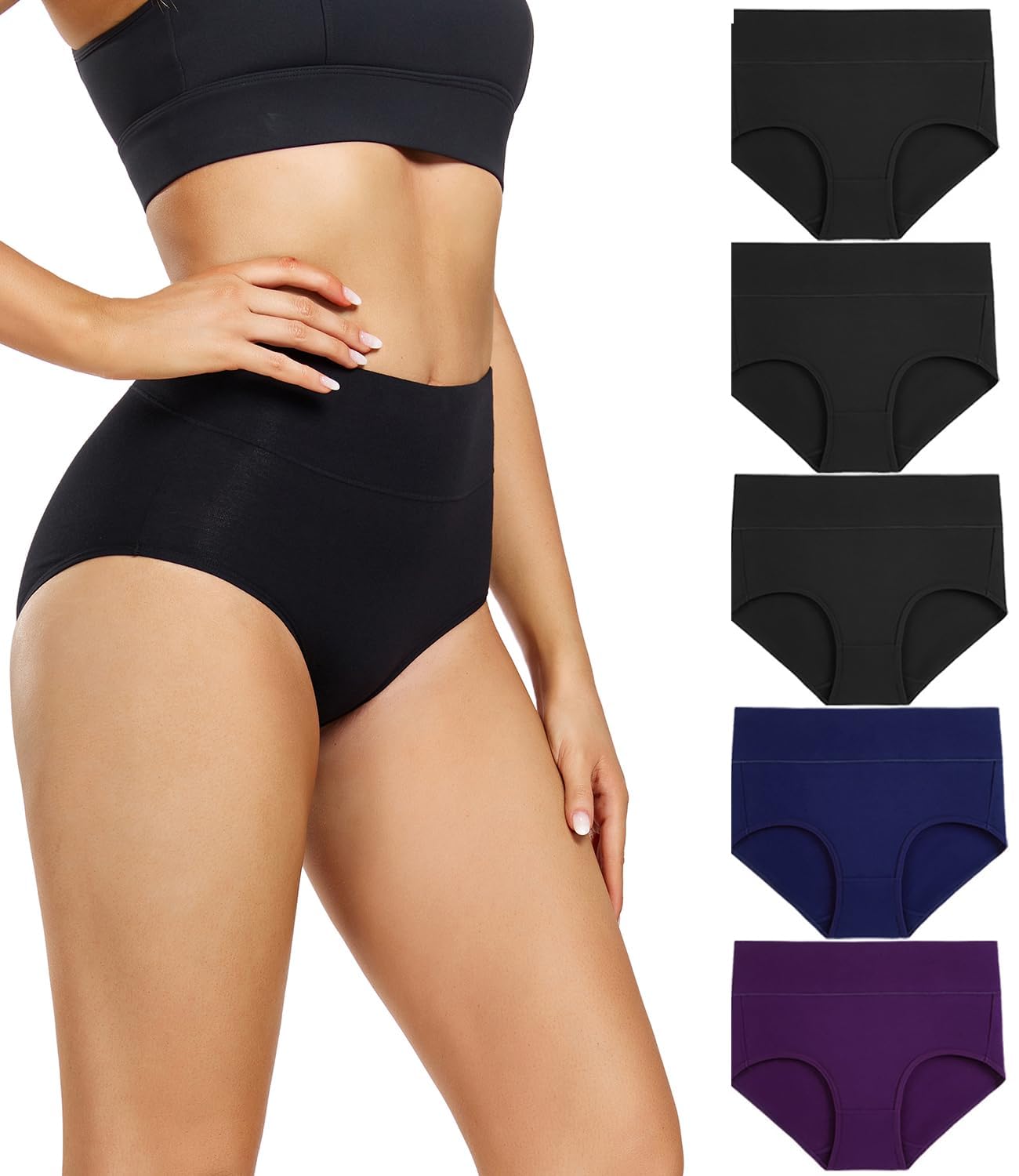 wirarpa Women's High Waisted Cotton Briefs Ladies Underwear Regular & Plus Size Panties 5 Pack