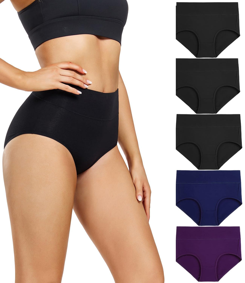 wirarpa Women's High Waisted Cotton Briefs Ladies Underwear Regular & Plus Size Panties 5 Pack