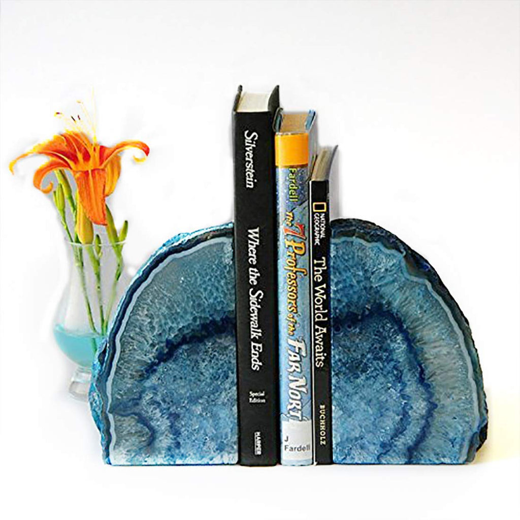JIC Gem Black Agate Geode Bookends 2-3 Lbs Anti-Slip Rubber Pads Heavy Duty | 1Pair Natural Black Agate Crystal Decor for Shelves & Desk, Unique Small Stone Book Holder Gift for Office & Home Decoration