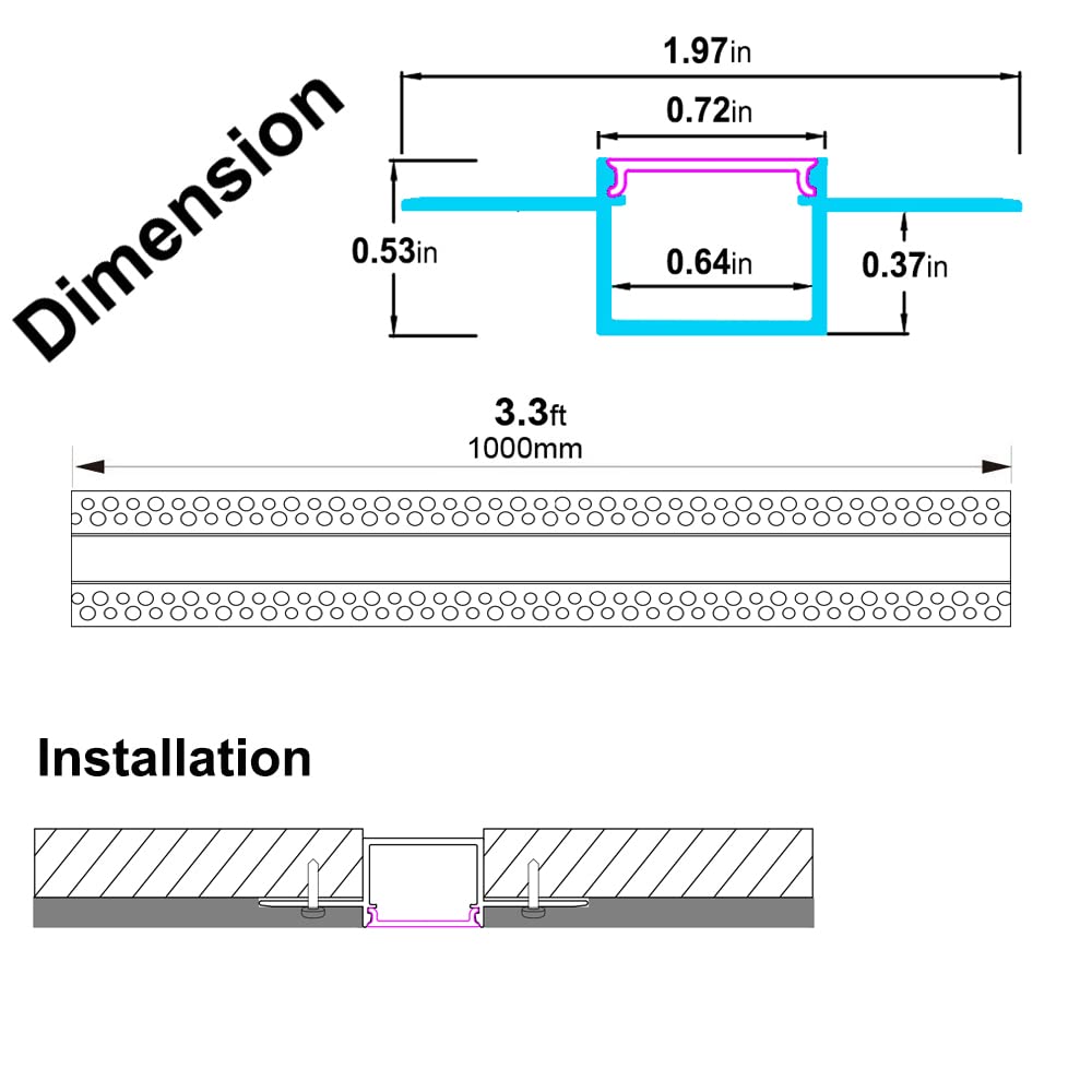 hunhun 10-Pack6.6ft/2Meter Drywall LED Aluminum Channel System with Milky Cover, End Caps and Mounting Clips, Aluminum Profile for LED Strip Light Installations (Single-Edge-6.6ft, 10)