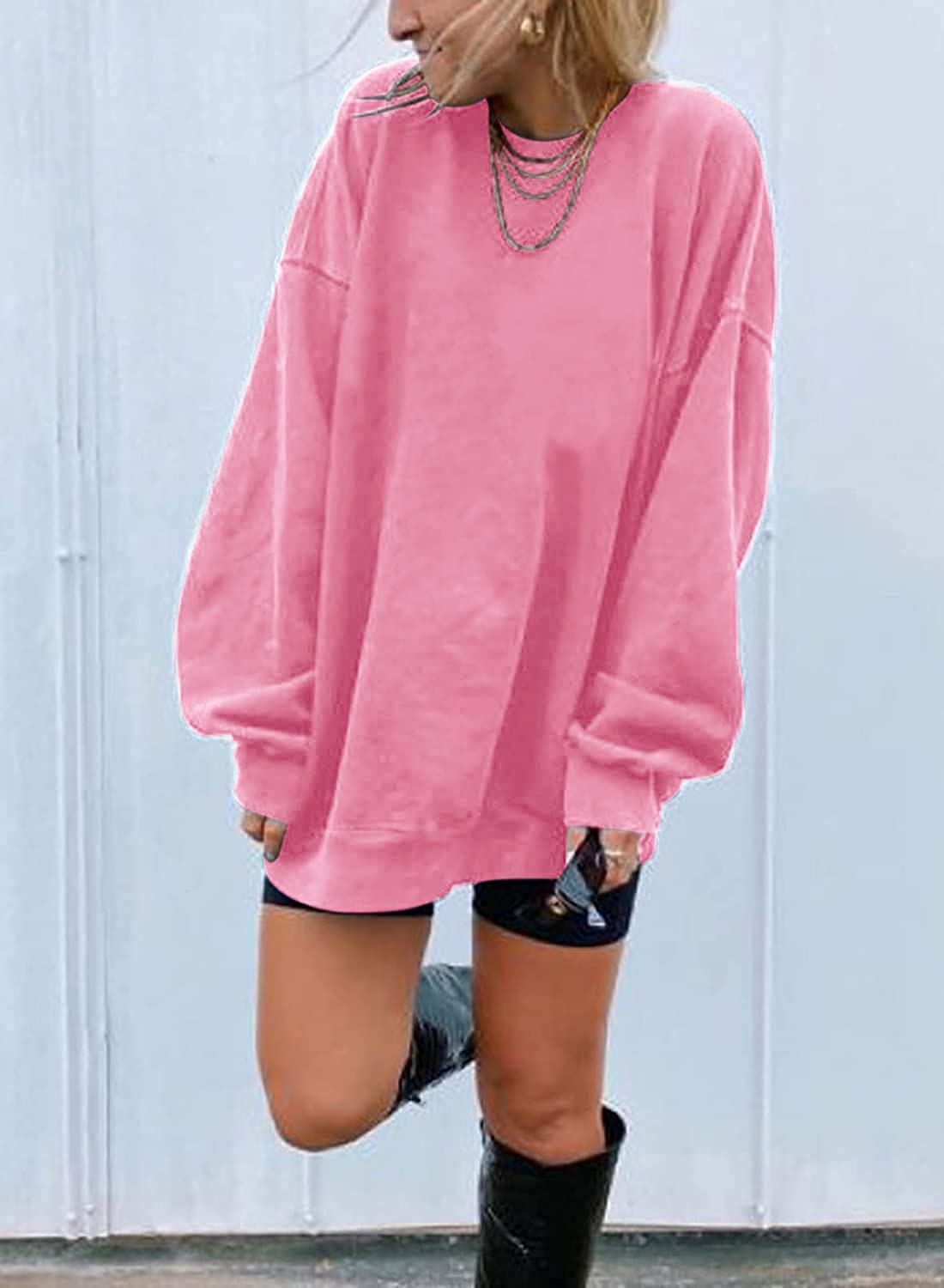 Ebifin Women's Oversized Long Sleeve Sweatshirts Pure Color Round Neck Casual Pullover Shirt