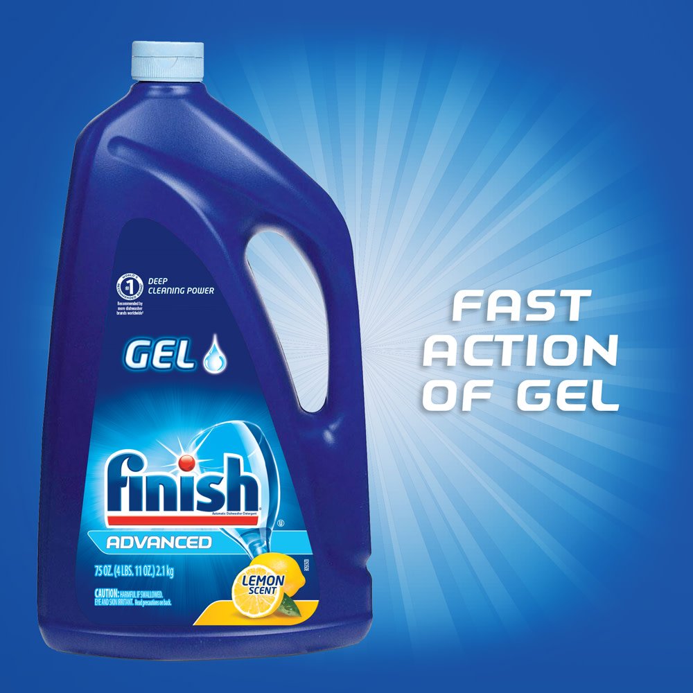 Finish Gel Liquid Dishwasher Detergent, Advanced Deep Cleaning Power Dish Soap, Fights Tough Stains, Dishwasher Soap, Plastic-Free & Septic Safe Dish Detergent, Lemon Scent, 75oz