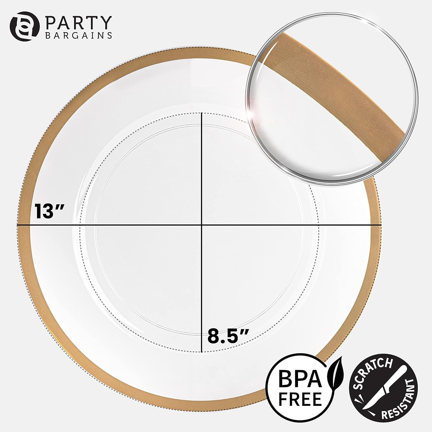 PARTY BARGAINS 13-Inch Charger Plates - 96 Pack, Clear Gold Rim, Heavy-Duty Disposable Chargers for Elegant Dining - Ideal for Weddings and Formal Events