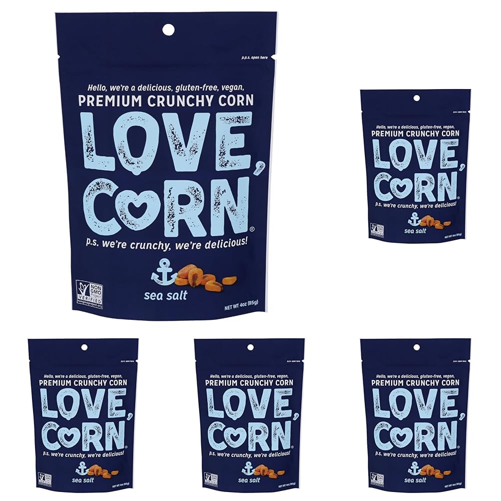 LOVE CORN Sea Salt – Crunchy Roasted Corn Snack, 3 Simple Ingredients, Gluten Free, Non-GMO, Zero Sugar, Vegan, Plant Based– Alternative to Chips, Nuts & Crackers – Office & On-the-Go Snacks – 4oz