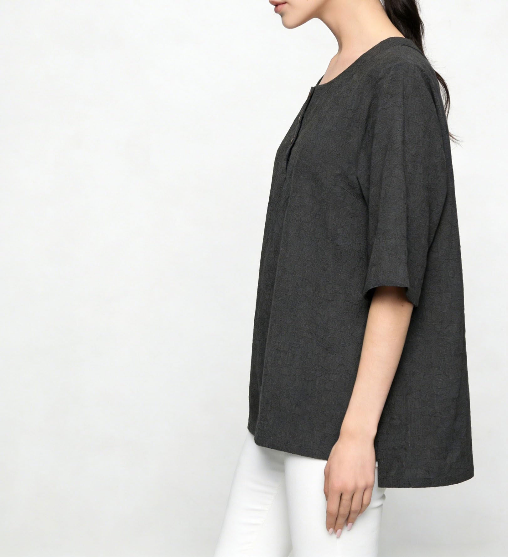 Minibee Women's 3/4 Sleeve Cotton Linen Jacquard Blouses Top T-Shirt