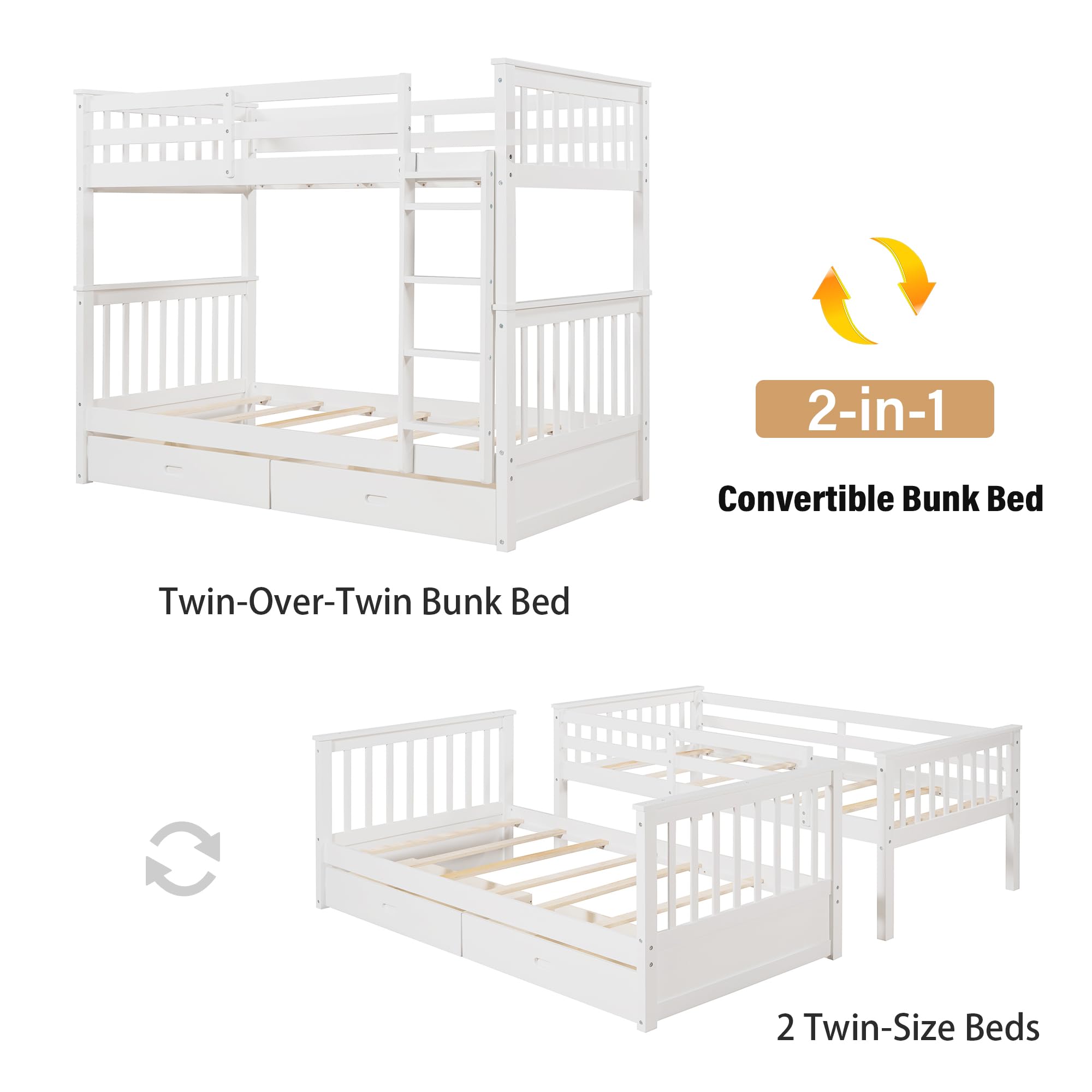 Merax Wood Bunk Bed with Two Drawers,Convertible Wood Bunk Bed with Ladders and Two Storage Drawers,Solid Wood Detachable Bed Frame with Ladders, Twin Over Full Size, Espresso
