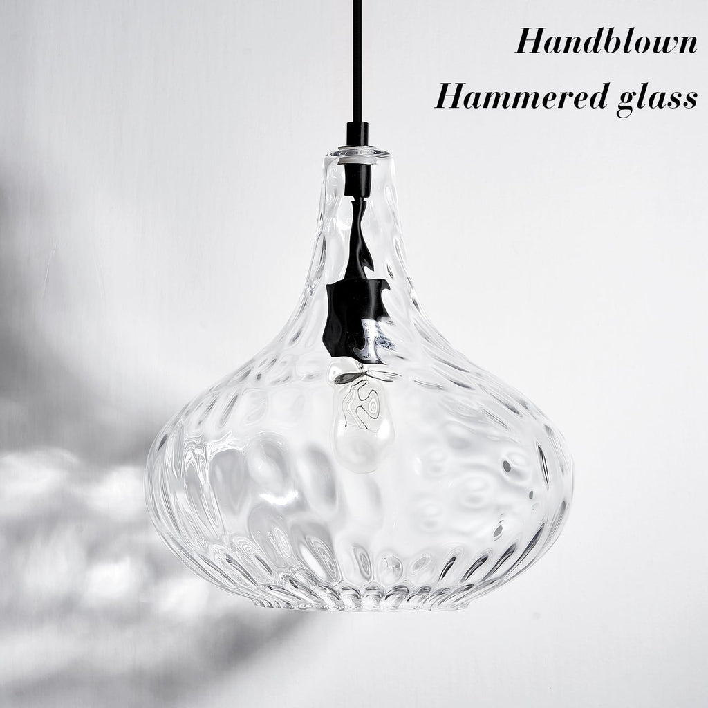 Glass Large Pendant Lights for Kitchen Island Blown Glass Pendant Light Clear Hammered Shade Hanging Ceiling Lights with Black Finish for for Kitchen Island, Sink, Hallway, Living Room 11 inch