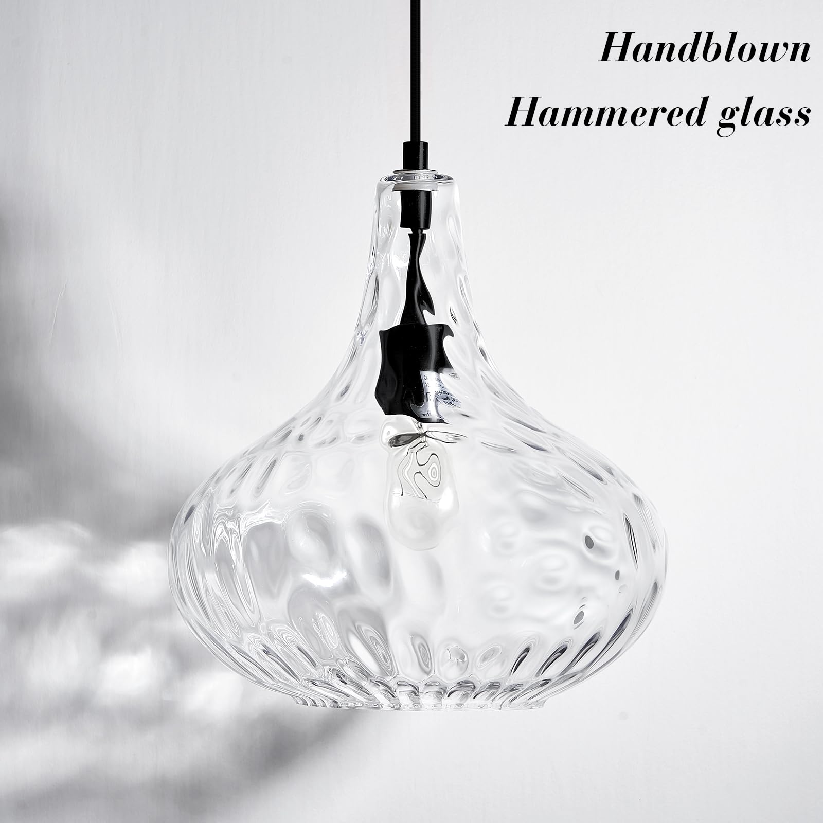 Glass Large Pendant Lights for Kitchen Island Blown Glass Pendant Light Clear Hammered Shade Hanging Ceiling Lights with Black Finish for for Kitchen Island, Sink, Hallway, Living Room 11 inch