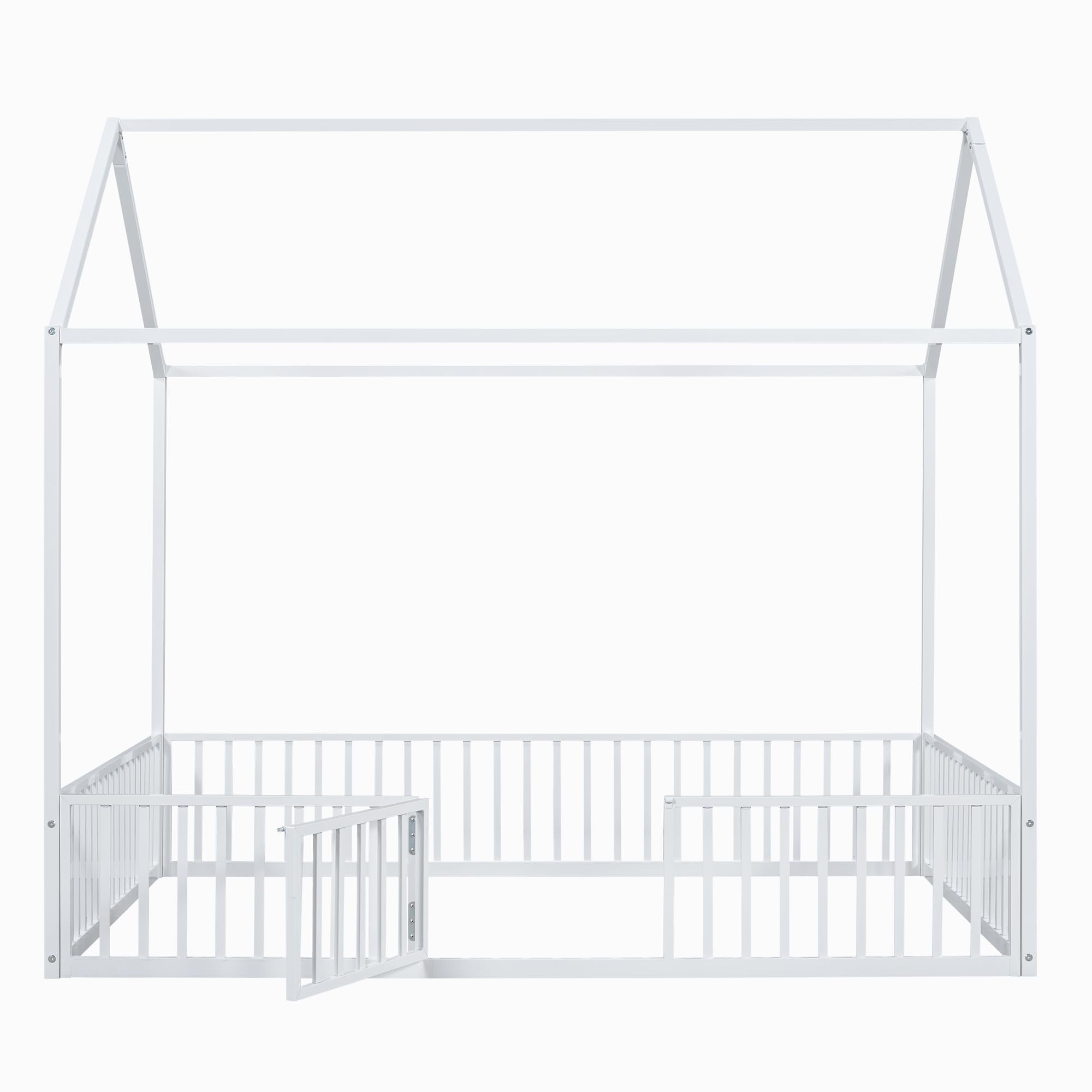 Bellemave Twin Size Montessori Floor Bed, Metal House Bed Framefor Kids, Montessori Floor Beds with Fence, Playhouse for Kids,Black