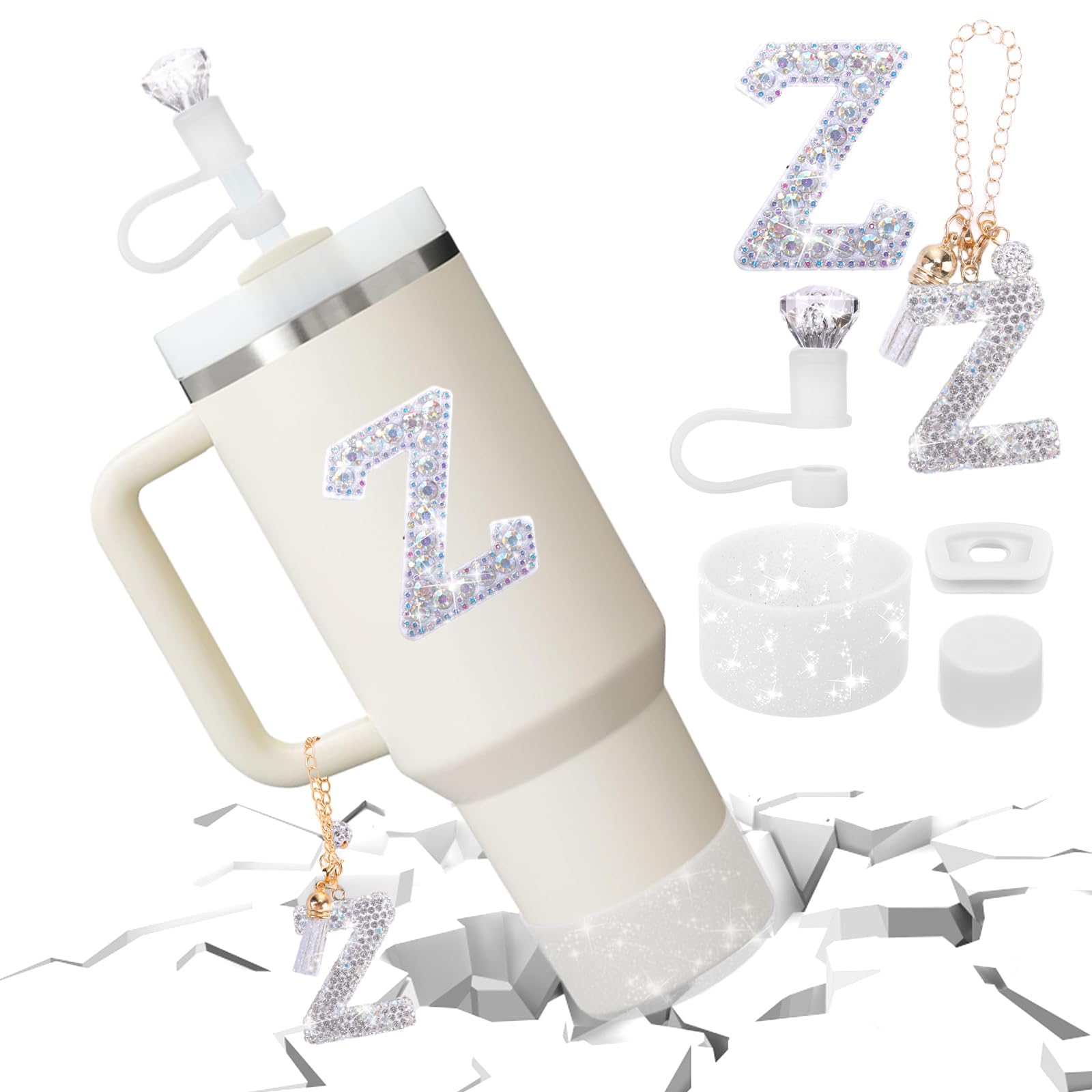 Mity rain Accessories Set for Stanley Cup, Initials Decorations for Tumbler Cup 30/40OZ, Including Diamond Straw Topper/Spill Proof Stopper/Sparkly Silicone Boot Set/Letter Charms for Handle A-Z (A-)