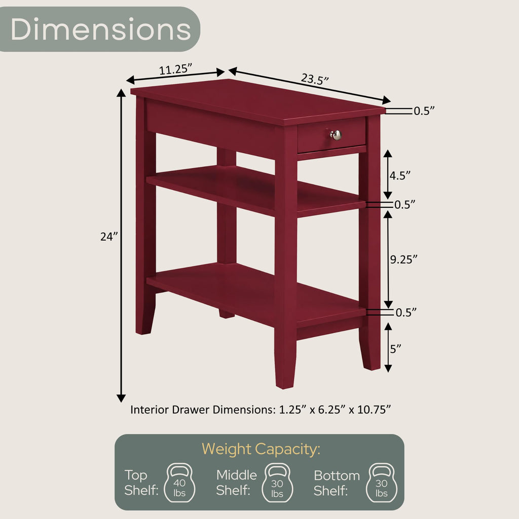 Convenience Concepts American Heritage Chairside End Table with Drawer 23.5" - Classic Living Room Table with Storage Shelf, Bedroom Nightstand, Black