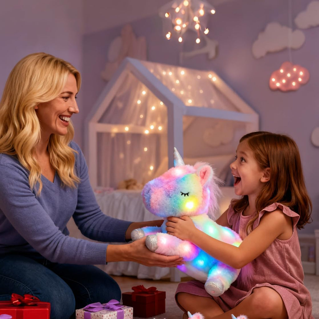 Hopearl LED Plush Unicorn Lighting Up Stuffed Mommy Unicorn with 3 Baby Unicorns in her Tummy Stuffed Animal Playset Night Lights Glow in The Dark for Mom Toddler Girls, Rainbow, 19''