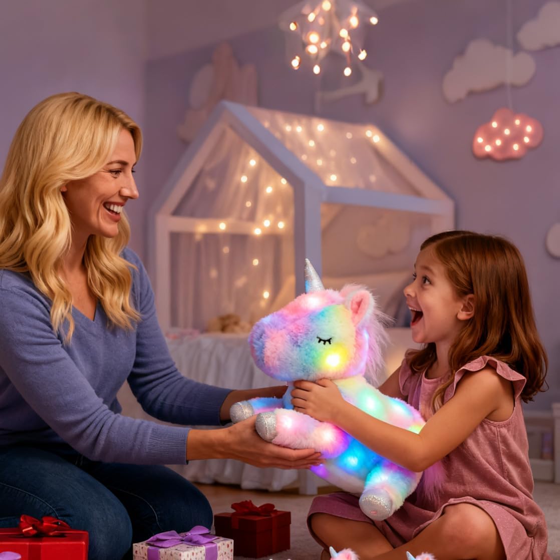 Hopearl LED Plush Unicorn Lighting Up Stuffed Mommy Unicorn with 3 Baby Unicorns in her Tummy Stuffed Animal Playset Night Lights Glow in The Dark for Mom Toddler Girls, Rainbow, 19''