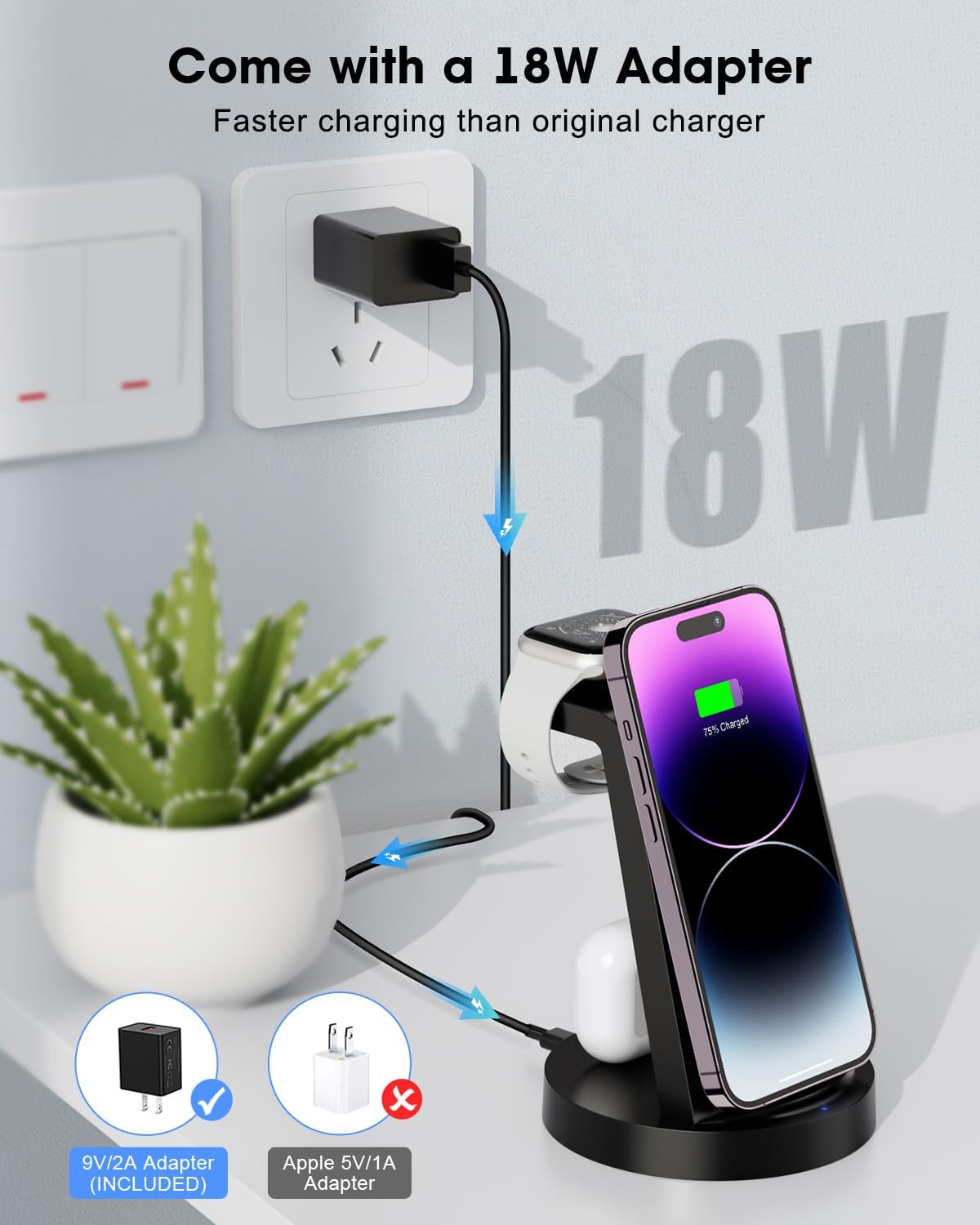 3 in 1 Charging Station for Apple Device, Wireless Charger for iPhone 17 16e 16 15 14 13 12 11 Pro Max & Apple Watch iWatch - Charging Stand Dock for AirPods