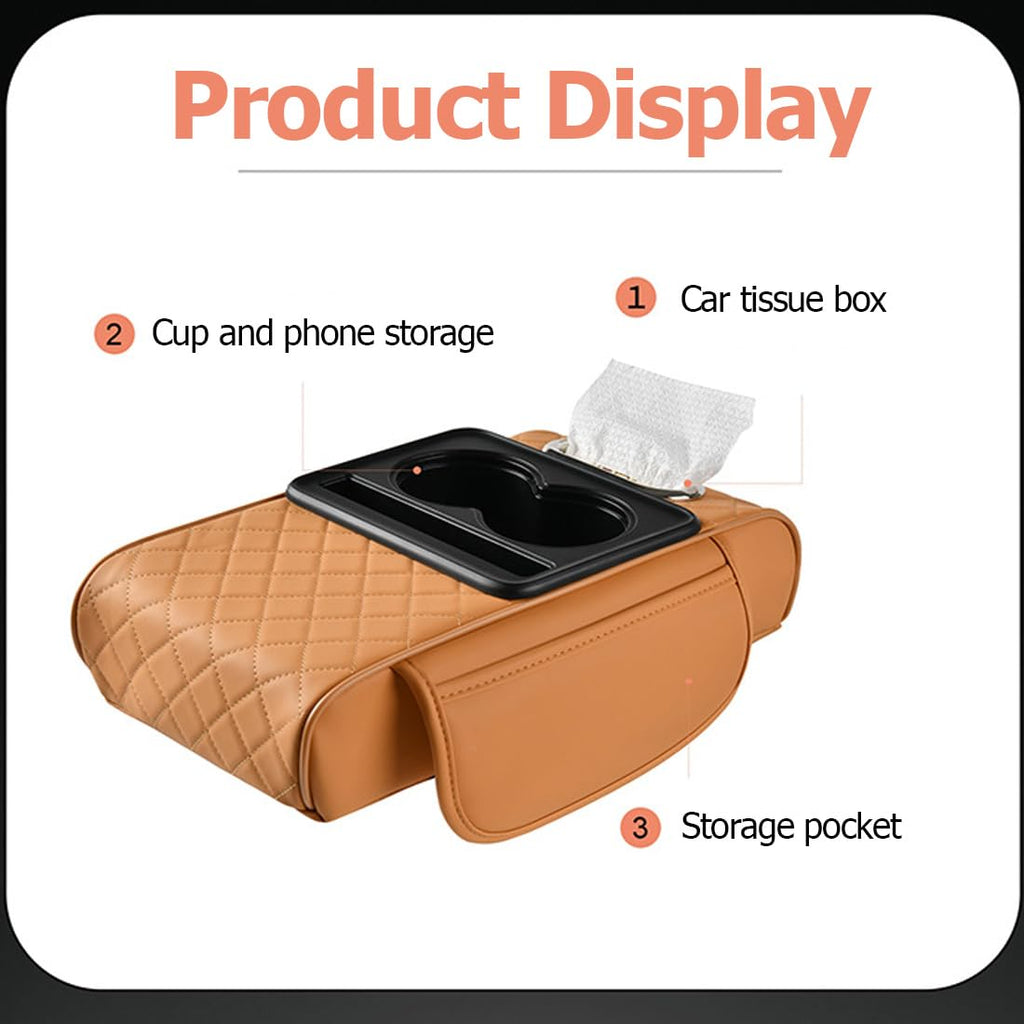 Car Armrest Cushion,5-in-1 Center Console Cover with 2 Storage Bags Cup Holder, Tissue Box Slot, Phone Slot for Sedans, Car Accessories Interior Organizers (Beige)