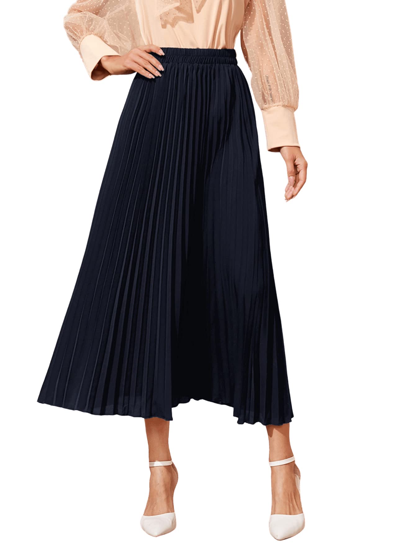 SweatyRocks Women's Casual Solid Longline Pleated Long Skirt