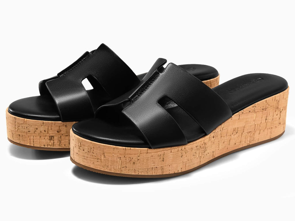 Coutgo Women's Platform Wedge Sandals Open Toe Slip On Slides Cork Heeled Cutout Comfortable Summer Shoes