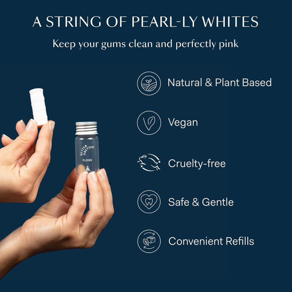 Better & Better Natural Floss in Refillable Glass Jar | Waxed & Zero Plastic Oral Care - 100% Plant-Based, Vegan, Eco and Non Toxic Dental Floss, 1 Spool