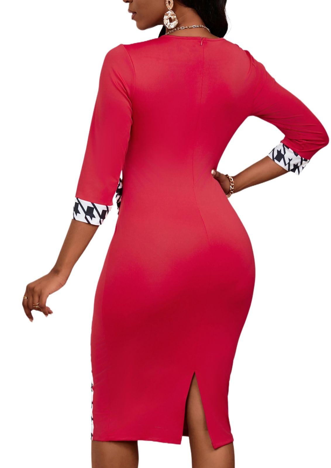 PerZeal Women's 3/4 Sleeve Round Neck Casual Houndstooth Bodycon Wear to Work Pencil Sheath Midi Dresses