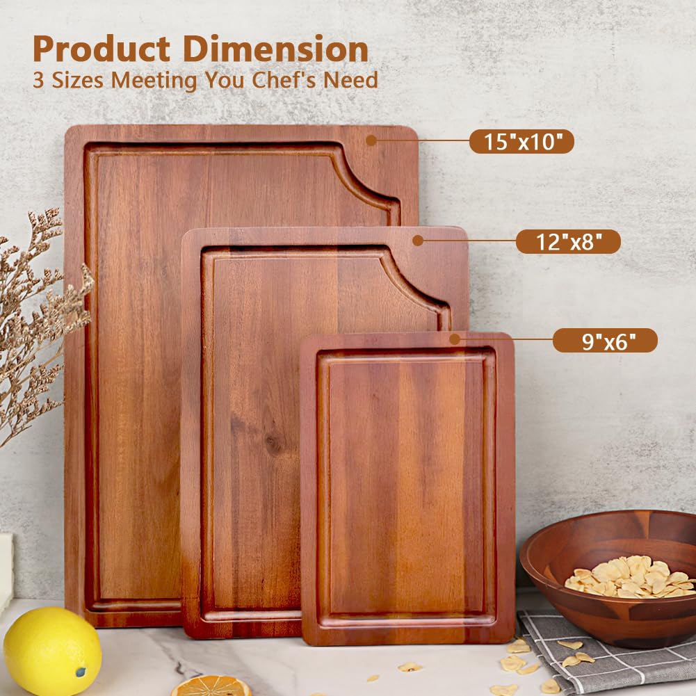 AIDEA Wood Cutting Board, Wooden Cutting Boards for Kitchen, Acacia Wood Chopping Board Set of 3 with Deep Juice Groove, for Meat, Vegetables, and Fruit