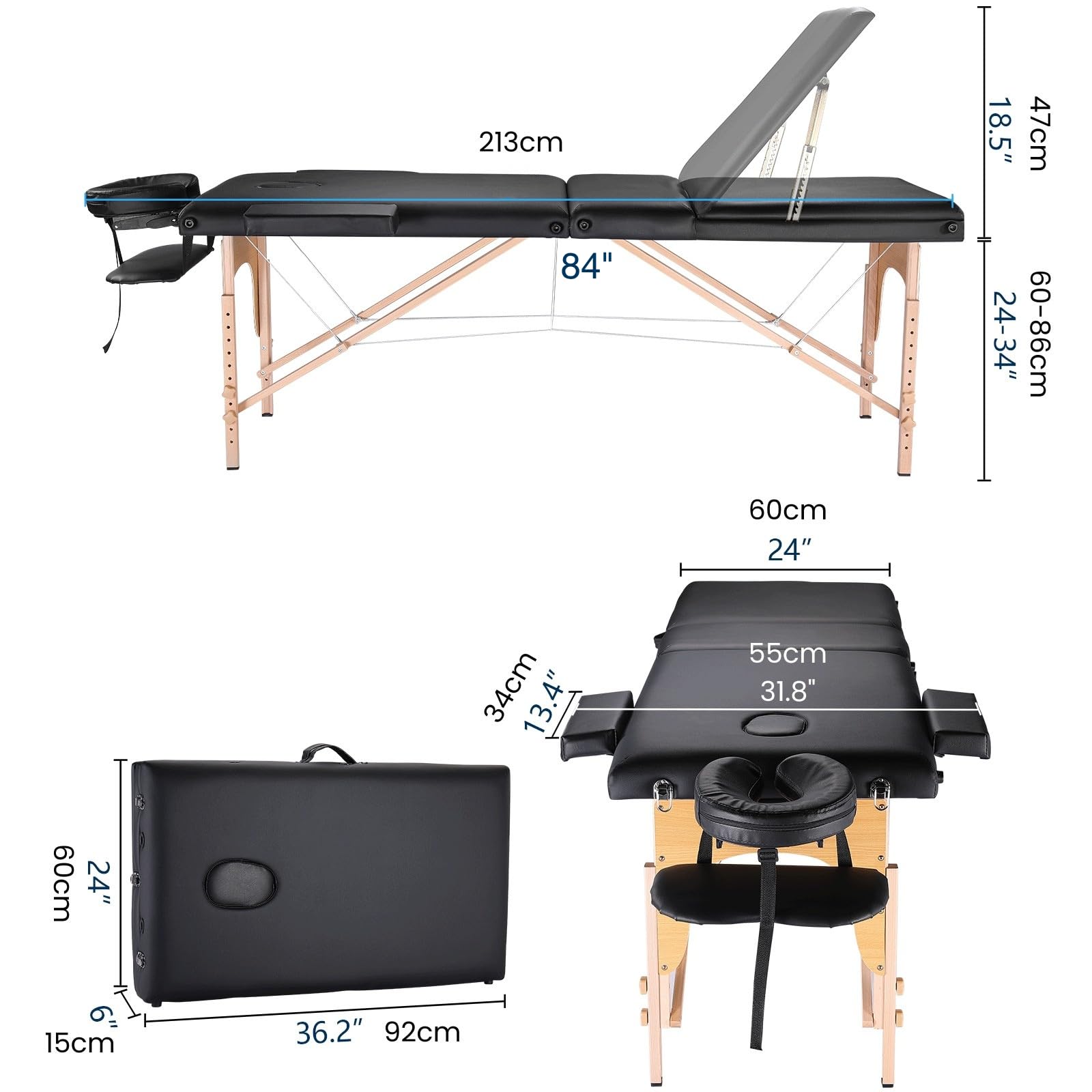 Portable Massage Table Massage Bed Professional SPA Reiki Eyelash Salon Bed, Wooden Frame Height Adjustment Accessories, Black (3-Section)