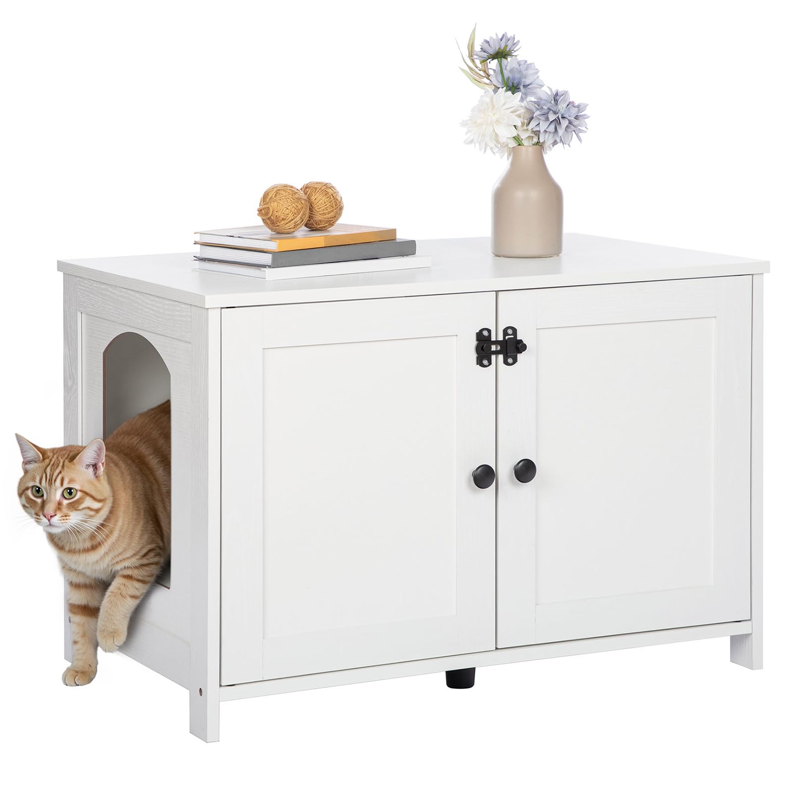 HOOBRO Litter Box Enclosure, Cat Litter Box Furniture with Removable Divider, Large Hidden Litter Box Furniture, Wooden Cat House, End Side Table, 31" L x 17.5" W x 19.7" H, Greige BG03MW01G2