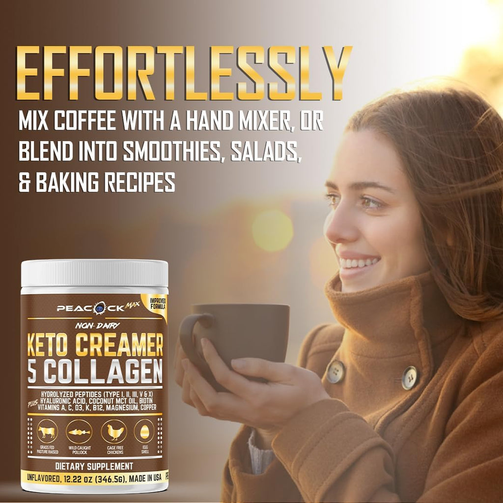 Collagen Keto Coffee Creamer Powder 12.2 oz - Hydrolyzed Collagen Peptides with Coconut MCT Oil, B12, Magnesium, Unflavored Protein Powder, Sugar Free Coffee Creamer for Smoothies & Baking